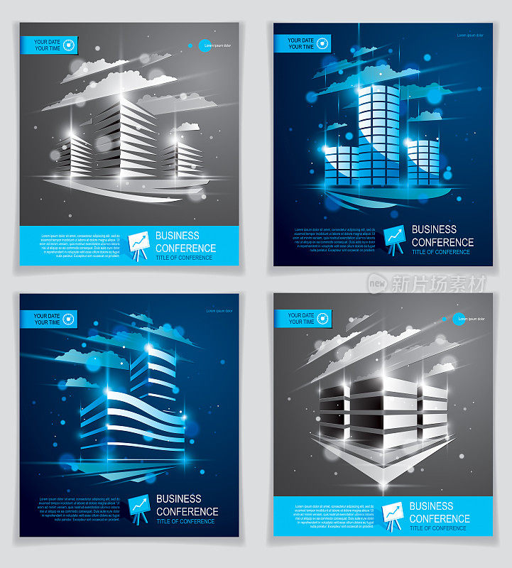 Office buildings brochures set, modern architecture vector flyers with blurred lights and glares effect. Real estate business center blue designs. 3D futuristic facades business conference templates.